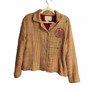 Vintage Daniel K New York Tweed‎ Floral Rose Embroidered Boho Jacket Orange XL